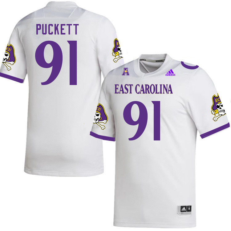 Men #91 Kyler Puckett ECU Pirates College Football Jerseys Stitched Sale-White - Click Image to Close